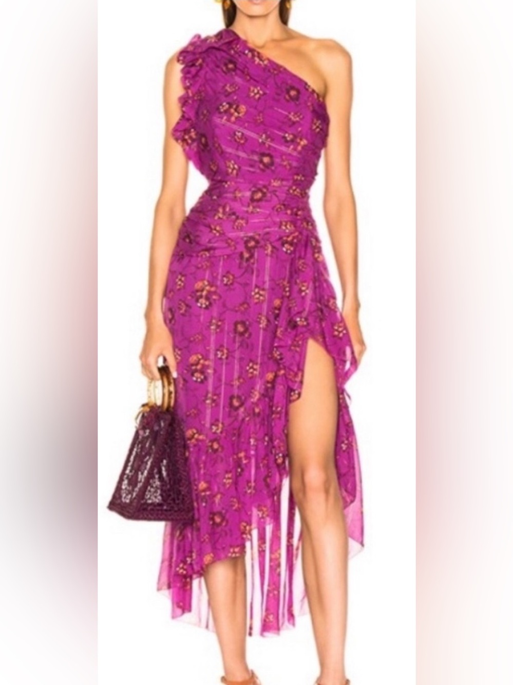 ULLA JOHNSON One-Shoulder Purple Floral Ruffle Midi Dress Size 8